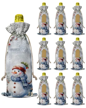 10pcs Ziemassvētku Sniegavīrs Holly Egles Vīna Pudeli Maisiņā ar Aukliņu Svētku Puse Dekori Vīna Pudele Attiecas Ziemassvētku Dāvanu