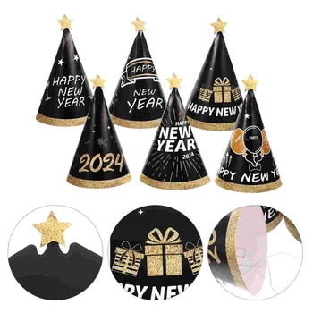 2024 Laimīgu Jauno Gadu Cepures 12Pcs Jauno Gadu Papīra Konusveida Cepures 3D Black Partiju Cepures, New Years Eve Puse, Dzimšanas dienas svinībām Foto