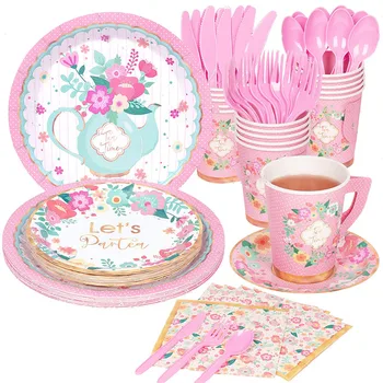 8Guests Tējas Laiks, Vienreizējās lietošanas Tablewre Ziedu Komanda Laiku Autiņu Plāksnes Meitene Let ' s Baudīt Pēcpusdienas Tēju Laimīgs Bestie Tēju Puse