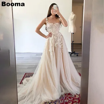 Booma-Line Elegants Kāzu Kleitas bez Piedurknēm Appliques Tilla Šampanieti Bridals Puse Tērpi Sievietēm Ilgi vestidos de novia