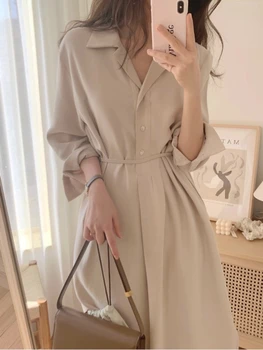Deeptown Biroja Dāmas Smilškrāsas Krekls, Kleita Sievietēm Korejiešu Style Long Sleeve Tunika Kleitas, Vintage Elegants Pusē Sadalīt Vestidos Rudens