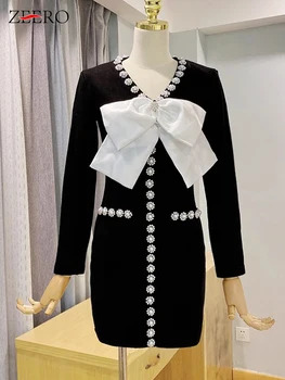 Korejas Rudens Sieviešu Frēzēšana Pērles Trikotāžas Mini Kleitu, Elegantu V-Kakla Garām Piedurknēm Lielo Loku Puse Džemperis Zīmuli Kleitas Vestidos