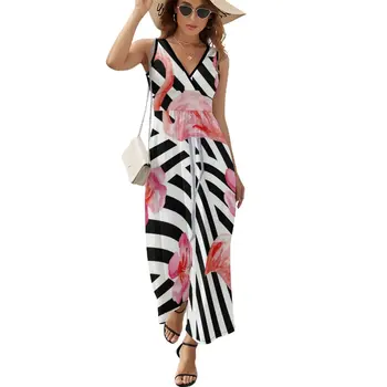Rozā Flamingo Kleita Puse Maxi Kleitu Ar V Veida Kakla Iespiesti Boho Beach Garās Kleitas Ielu Stilu, Lielo Izmēru Apģērbi