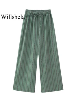 Willshela Sieviešu Modes Zaļā Svītrainām Mežģīnes Plaša Kāju Bikses Vintage Augsti Elastīgs Viduklis Pilna Garuma Sieviešu Šiks Lady Bikses