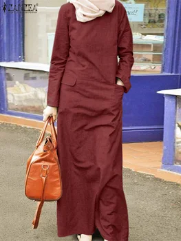 ZANZEA Modes Sieviešu Pavasara Turcija Abaya Hijab Sundress Drēbes Femme O Apkakli, garām Piedurknēm Zaudēt Islāma Auduma Musulmaņu Ramadāna Kleita