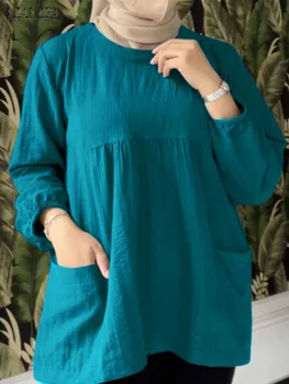 ZANZEA Modes Vintage Rudens Zaudēt Musulmaņu Krekls Gadījuma Dubaija Turcija Abaya Hijab Top Ramadāna Islāma Apģērbu Sievietēm Cietā Blūze