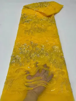Āfrikas franču Neto Izšuvumi Luksusa Dzeltena 3D Vizuļi Fāzēm Mežģīņu Audums Kāzu Vakara Kleita